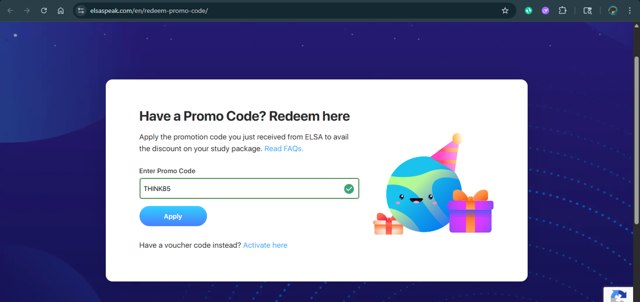 ELSA Speak checkout page showing ELSA Speak promo code box | Screenshot taken by SimplyCodes community member on Jul 30, 2025