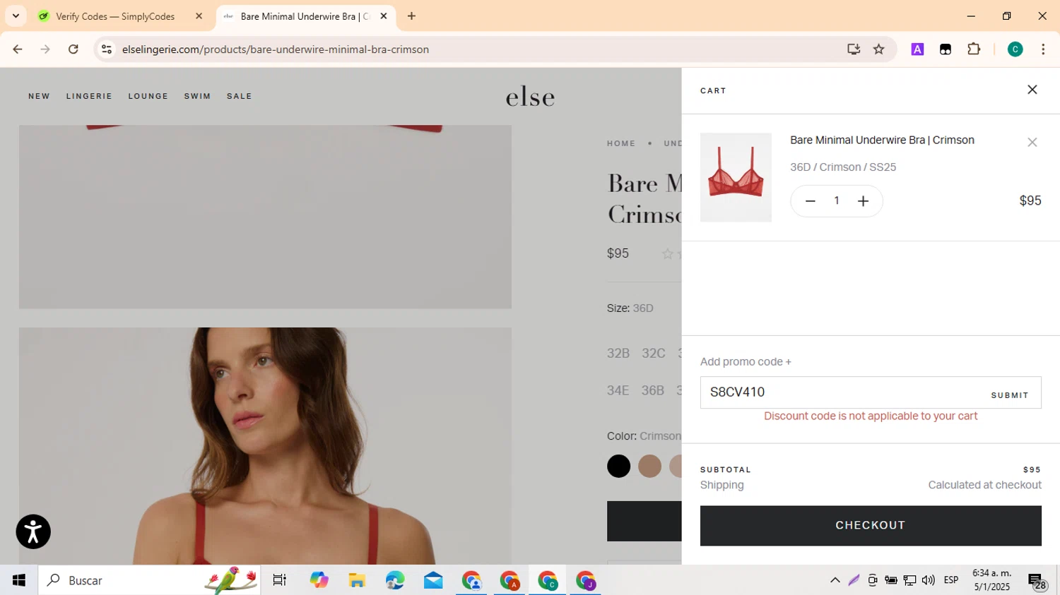 Else Lingerie promo code screenshot showing code S8CV410 applied at Else Lingerie checkout page. Uploaded by SimplyCodes community member EpicSpotter3493 on Jan 5, 2025