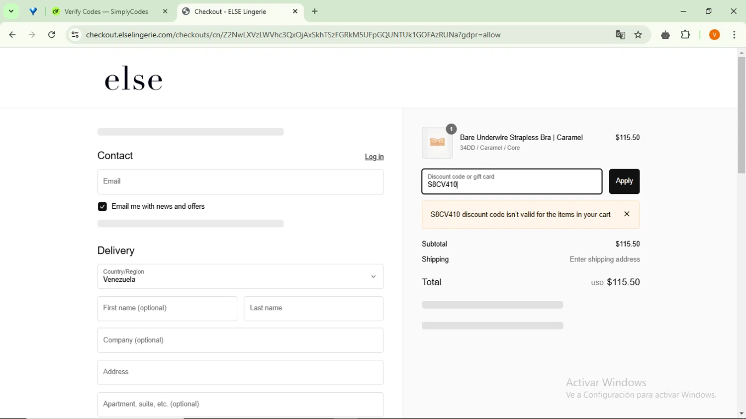 Else Lingerie promo code screenshot showing code S8CV410 applied at Else Lingerie checkout page. Uploaded by SimplyCodes community member RebateSaver5991 on Jan 17, 2025
