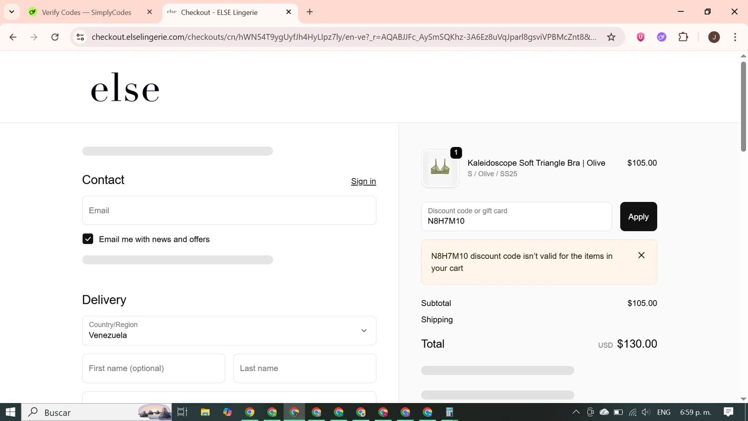 Else Lingerie promo code screenshot showing code N8H7M10 applied at Else Lingerie checkout page. Uploaded by SimplyCodes community member PrimeGenius2371 on Nov 8, 2025
