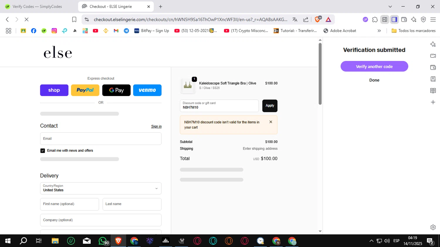 Else Lingerie promo code screenshot showing code N8H7M10 applied at Else Lingerie checkout page. Uploaded by SimplyCodes community member Sungjinwoo on Nov 14, 2025
