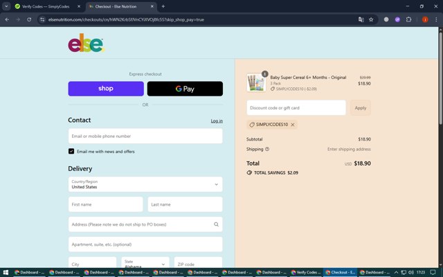 Else Nutrition checkout page showing Else Nutrition discount code box | Screenshot taken by SimplyCodes community member on Aug 28, 2025