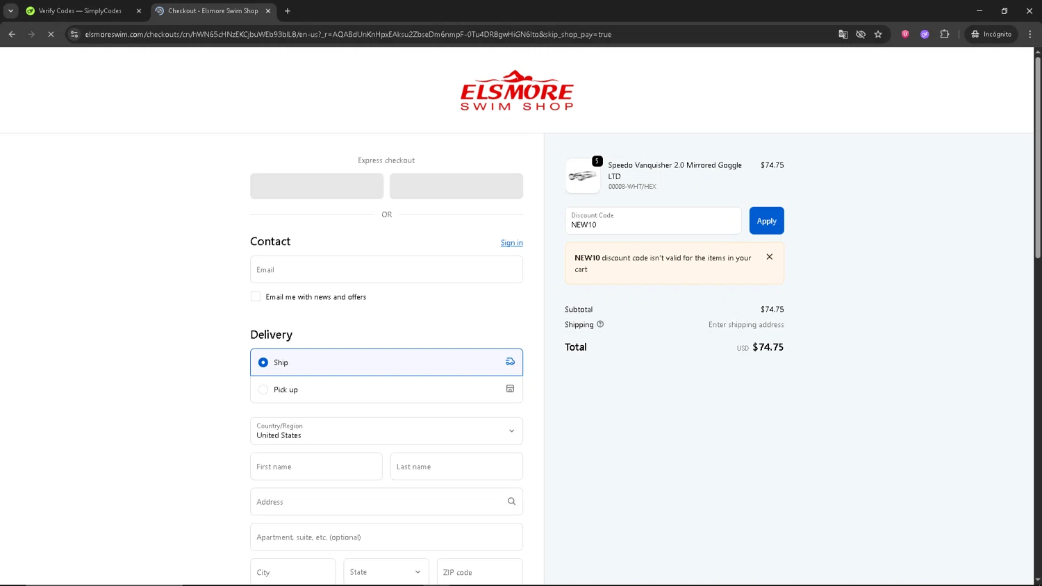 Elsmore Swim discount code screenshot showing code NEW10 applied at Elsmore Swim checkout page. Uploaded by SimplyCodes community member CBR600 on Dec 5, 2025
