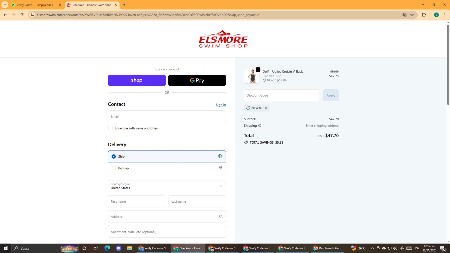 Elsmore Swim discount code screenshot showing code NEW10 applied at Elsmore Swim checkout page. Uploaded by SimplyCodes community member DealScout5970 on Nov 20, 2025