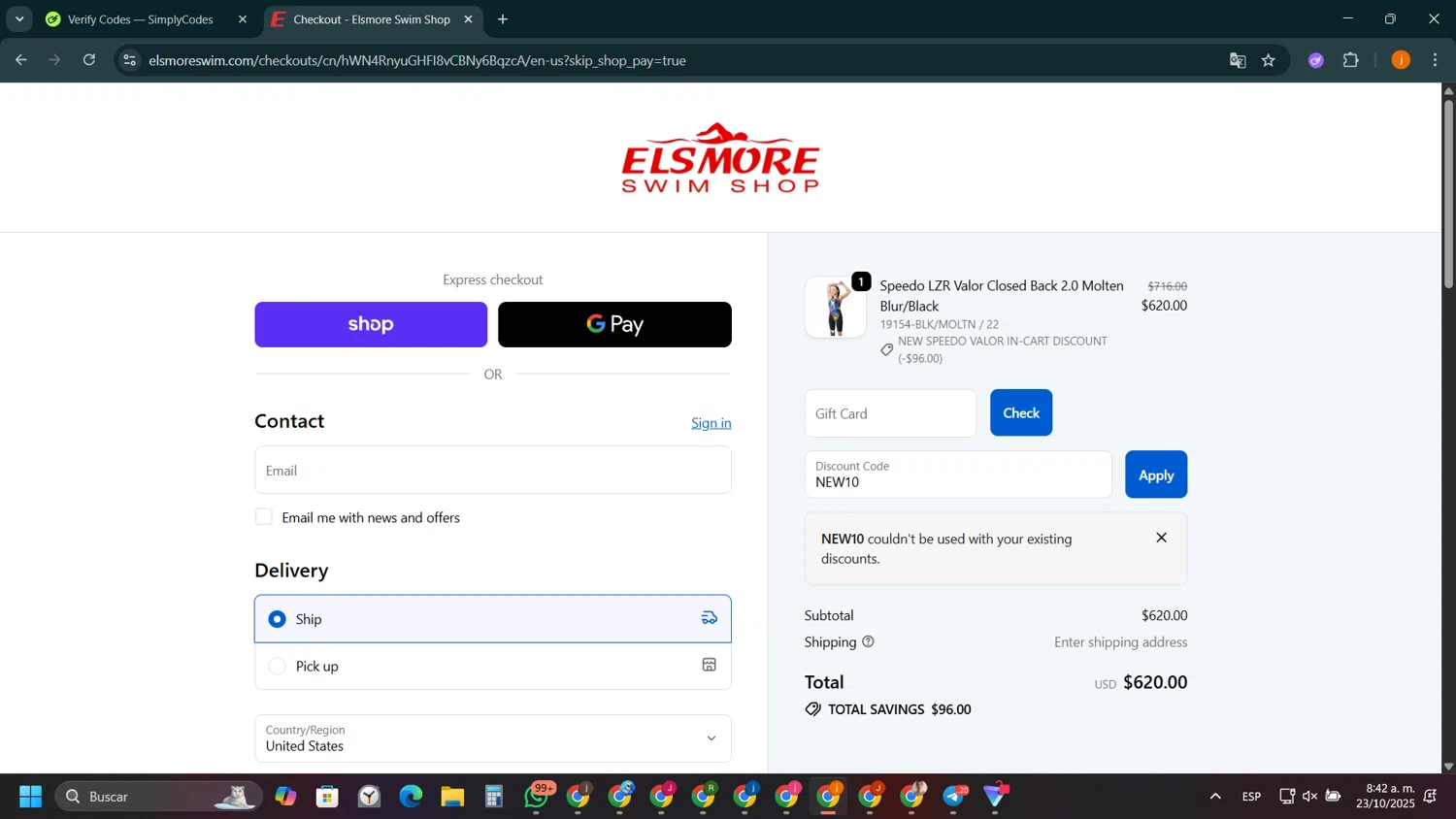 Elsmore Swim discount code screenshot showing code NEW10 applied at Elsmore Swim checkout page. Uploaded by SimplyCodes community member SilverSentinel5952 on Oct 23, 2025