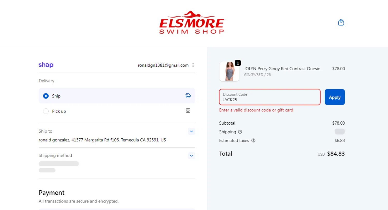 Elsmore Swim discount code screenshot showing code JACK25 applied at Elsmore Swim checkout page. Uploaded by SimplyCodes community member SmartSaver7916 on Jan 3, 2026