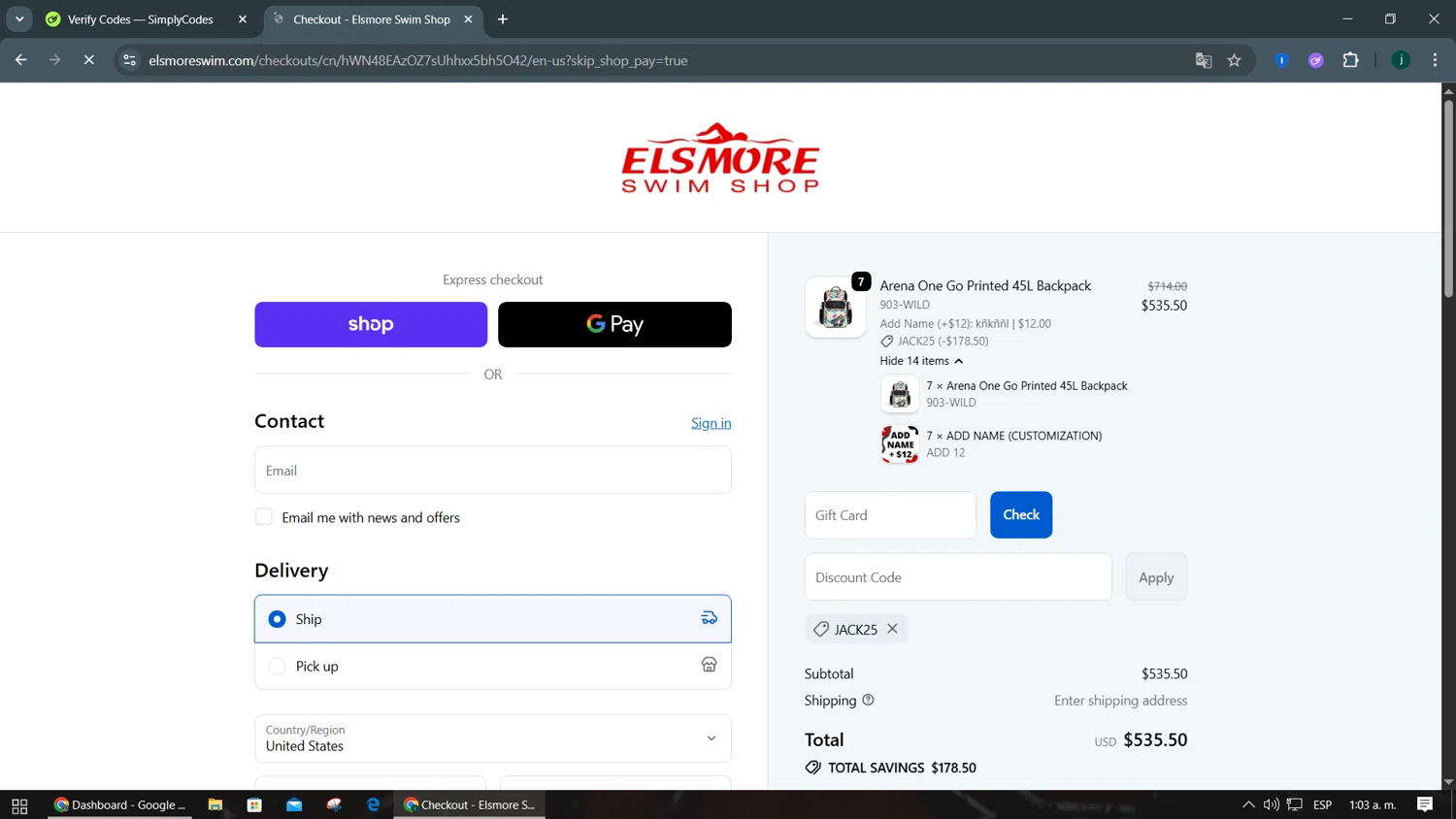 Elsmore Swim discount code screenshot showing code JACK25 applied at Elsmore Swim checkout page. Uploaded by SimplyCodes community member abcdefg321 on Oct 15, 2025