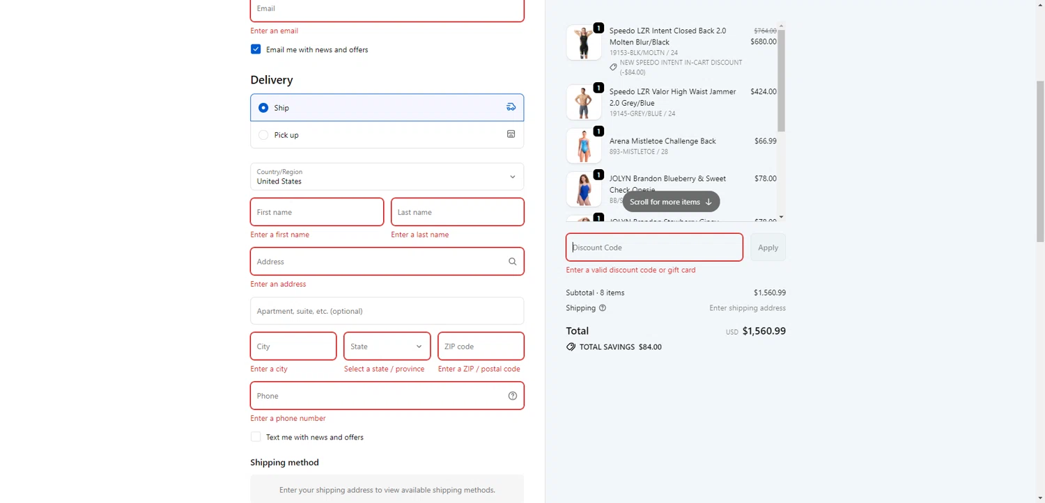 Elsmore Swim discount code screenshot showing code holiday$25 applied at Elsmore Swim checkout page. Uploaded by SimplyCodes community member SilverChaser3269 on Dec 29, 2025