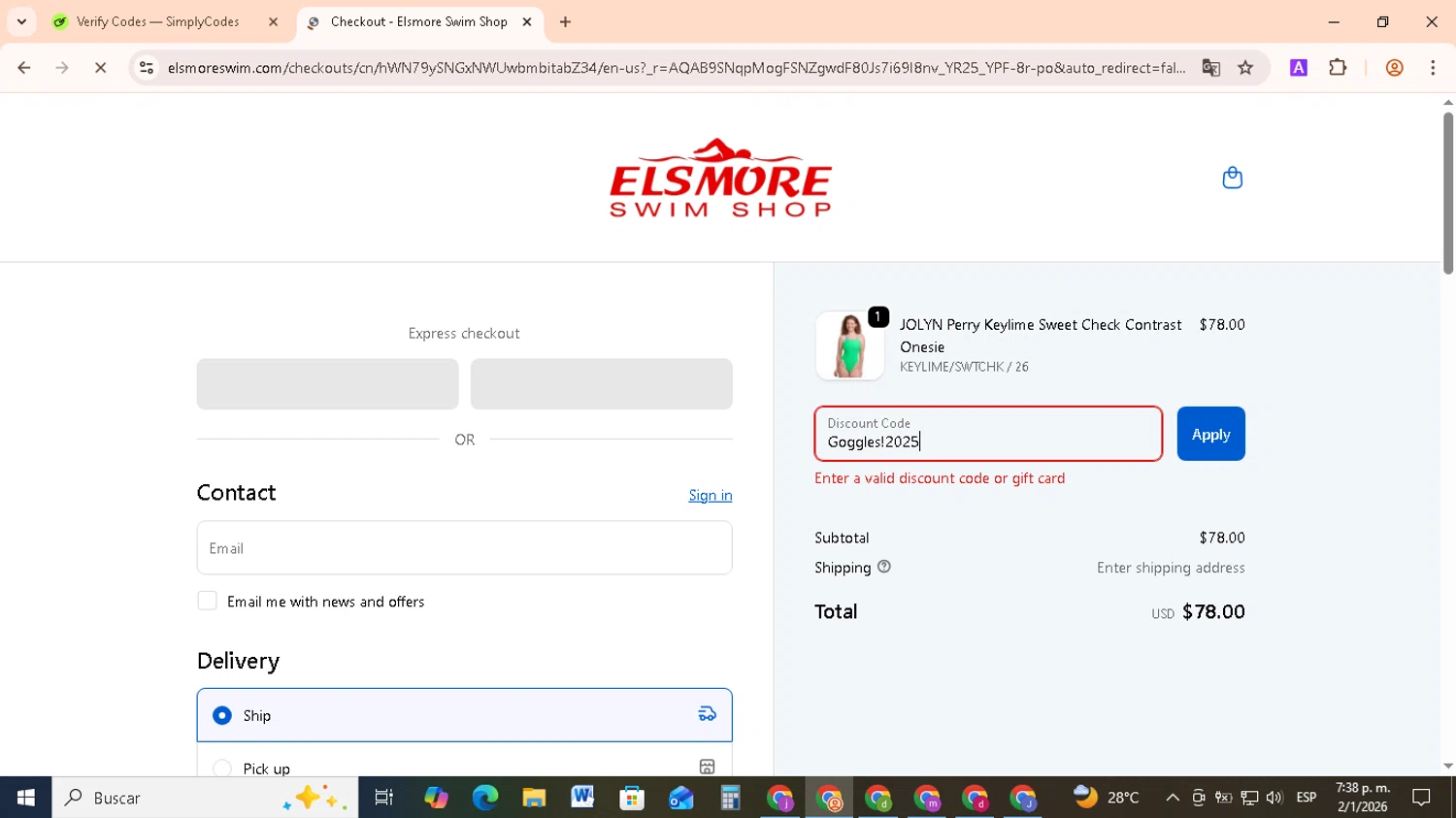 Elsmore Swim discount code screenshot showing code Goggles!2025 applied at Elsmore Swim checkout page. Uploaded by SimplyCodes community member RebateCollector5909 on Jan 2, 2026