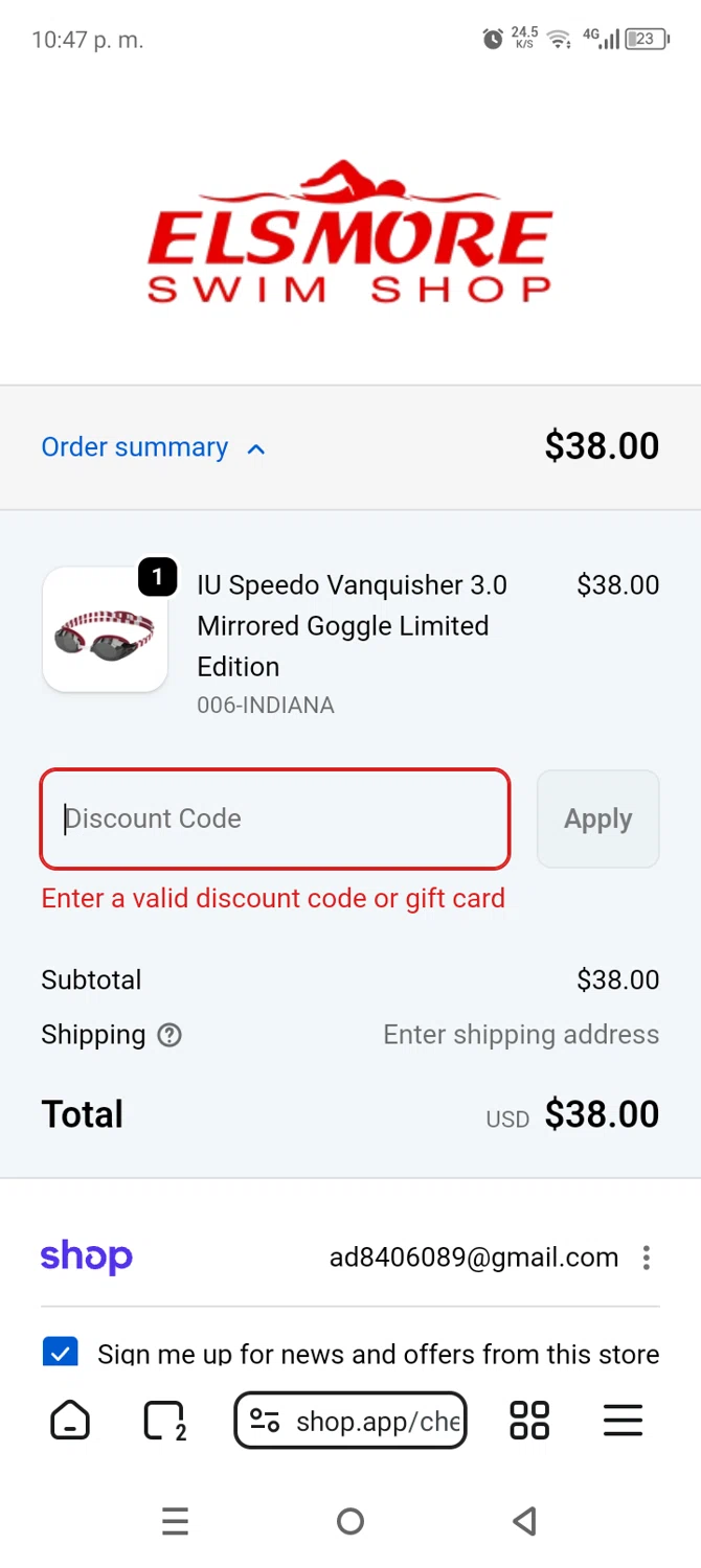 Elsmore Swim discount code screenshot showing code IU!26!OFF applied at Elsmore Swim checkout page. Uploaded by SimplyCodes community member AnthonyGuapeton94 on Jan 23, 2026