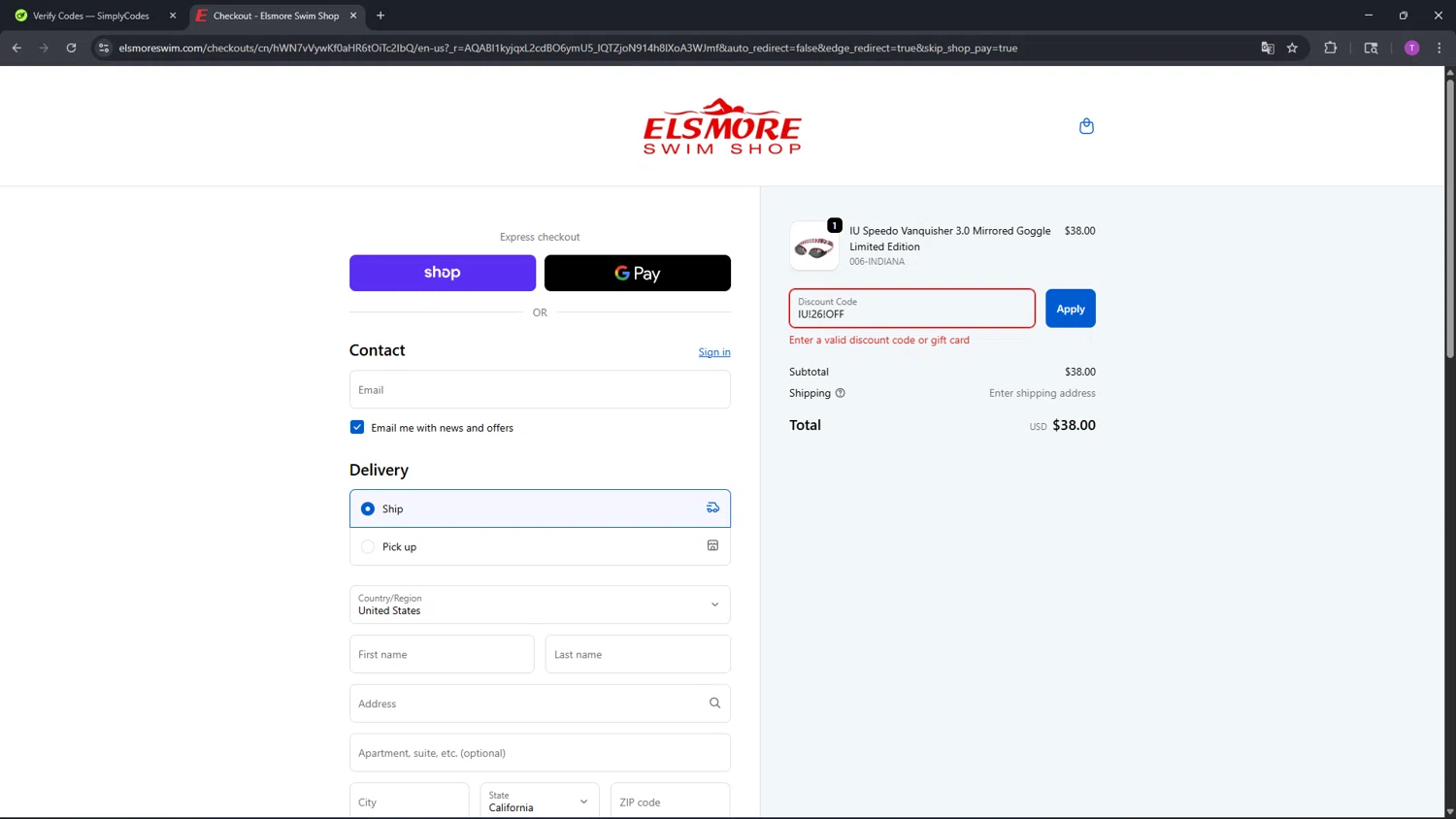 Elsmore Swim discount code screenshot showing code IU!26!OFF applied at Elsmore Swim checkout page. Uploaded by SimplyCodes community member CleverFinder9623 on Jan 23, 2026