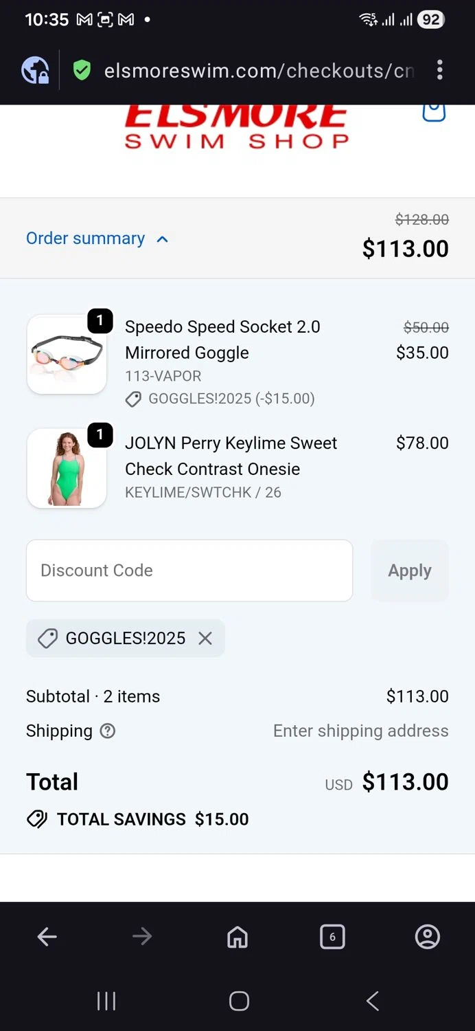 Elsmore Swim discount code screenshot showing code Goggles!2025 applied at Elsmore Swim checkout page. Uploaded by SimplyCodes community member vida5254427716958 on Dec 30, 2025