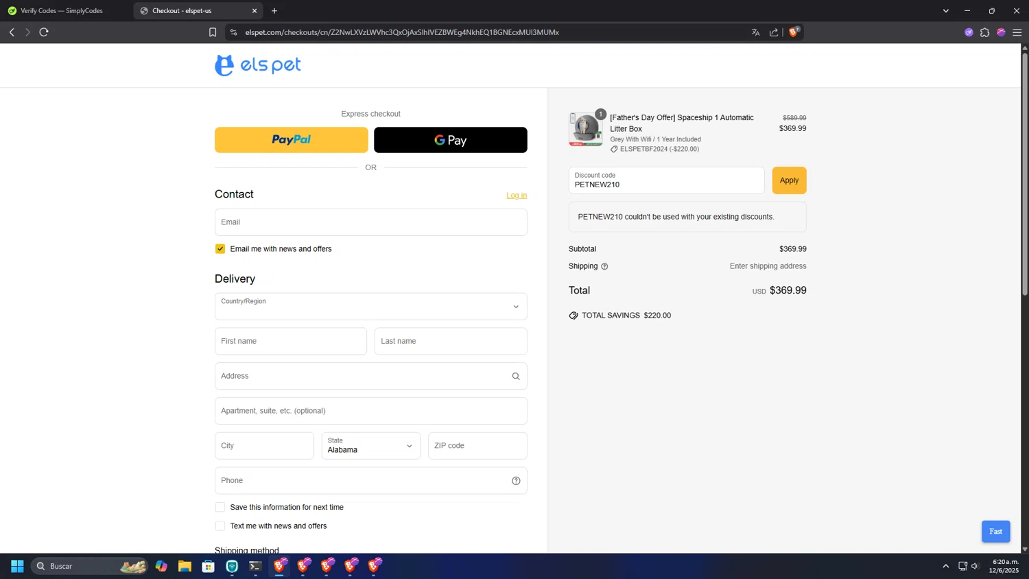 Els Pet discount code screenshot showing code PETNEW210 applied at Els Pet checkout page. Uploaded by SimplyCodes community member INSECTOS on Jun 12, 2025