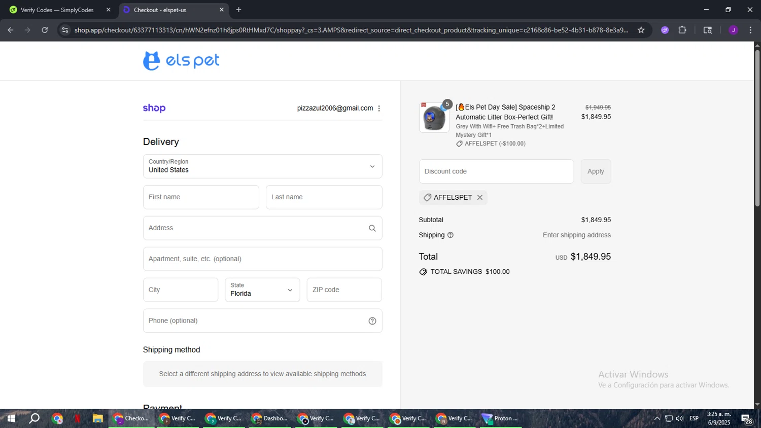 Els Pet discount code screenshot showing code AFFELSPET applied at Els Pet checkout page. Uploaded by SimplyCodes community member ComeBurra123 on Sep 6, 2025