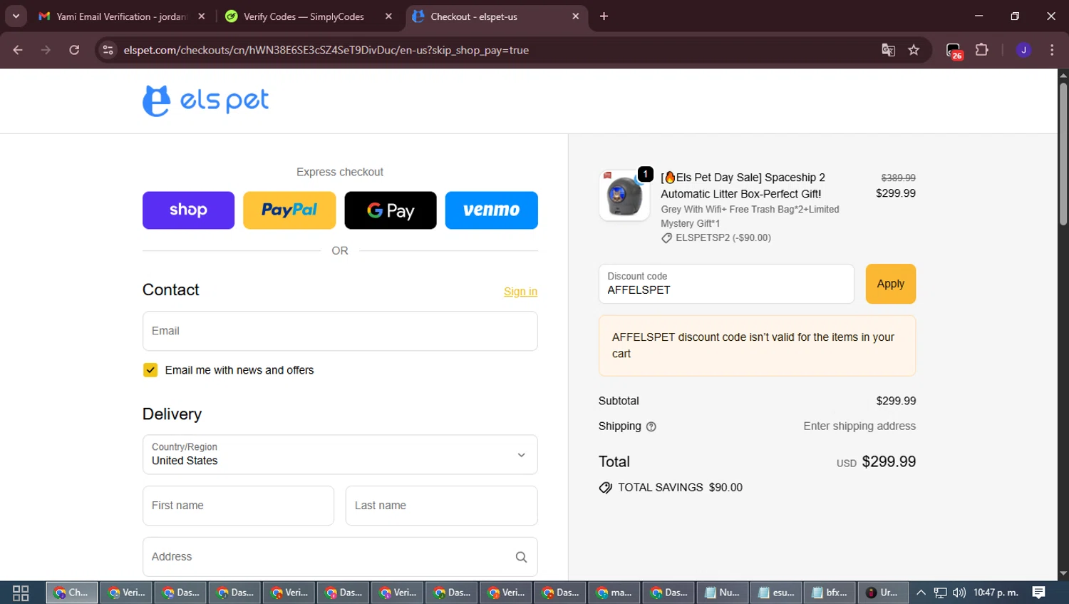 Els Pet discount code screenshot showing code AFFELSPET applied at Els Pet checkout page. Uploaded by SimplyCodes community member LegendaryLegend9872 on Sep 18, 2025