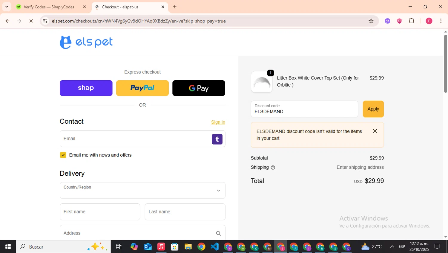 Els Pet discount code screenshot showing code ELSDEMAND applied at Els Pet checkout page. Uploaded by SimplyCodes community member CouponHero7312 on Oct 25, 2025
