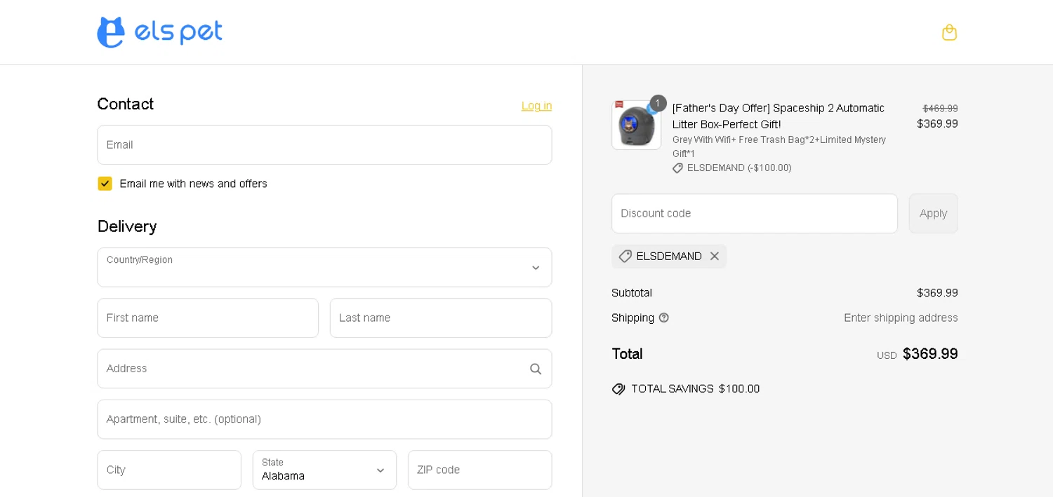 Els Pet discount code screenshot showing code ELSDEMAND applied at Els Pet checkout page. Uploaded by SimplyCodes community member MagnificentCurator5441 on May 31, 2025
