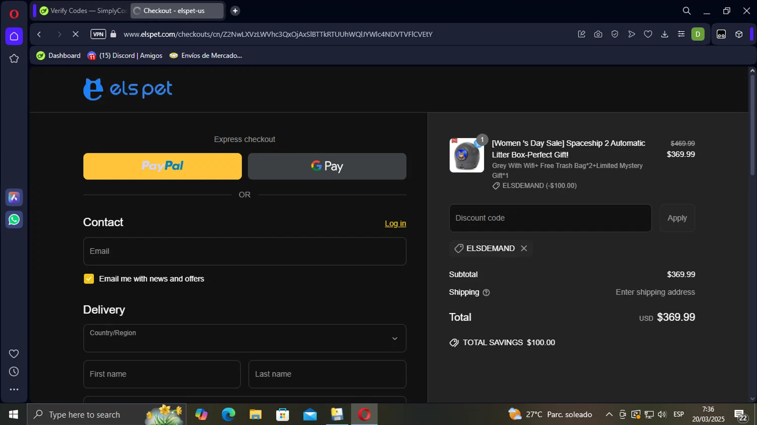 Els Pet discount code screenshot showing code ELSDEMAND applied at Els Pet checkout page. Uploaded by SimplyCodes community member TuAmigoRed on Mar 20, 2025