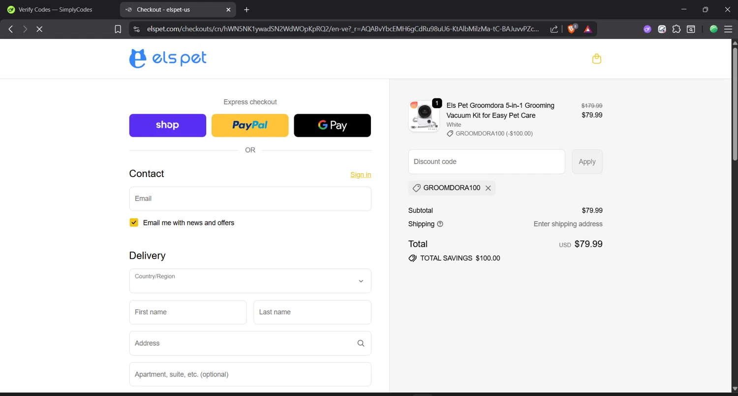 Els Pet discount code screenshot showing code Groomdora100 applied at Els Pet checkout page. Uploaded by SimplyCodes community member Focus_123 on Nov 16, 2025