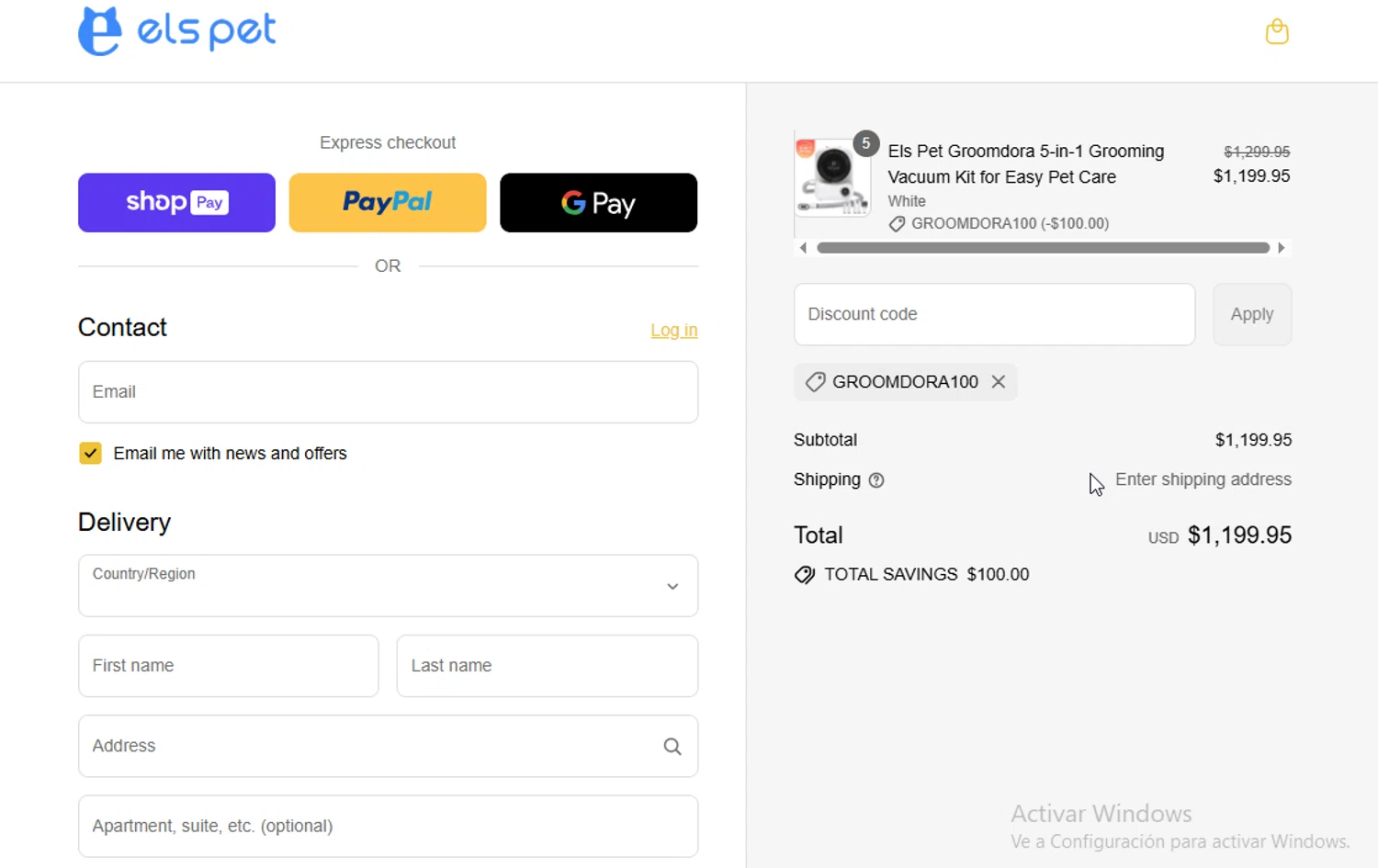 Els Pet discount code screenshot showing code Groomdora100 applied at Els Pet checkout page. Uploaded by SimplyCodes community member ligthYA on Aug 7, 2025