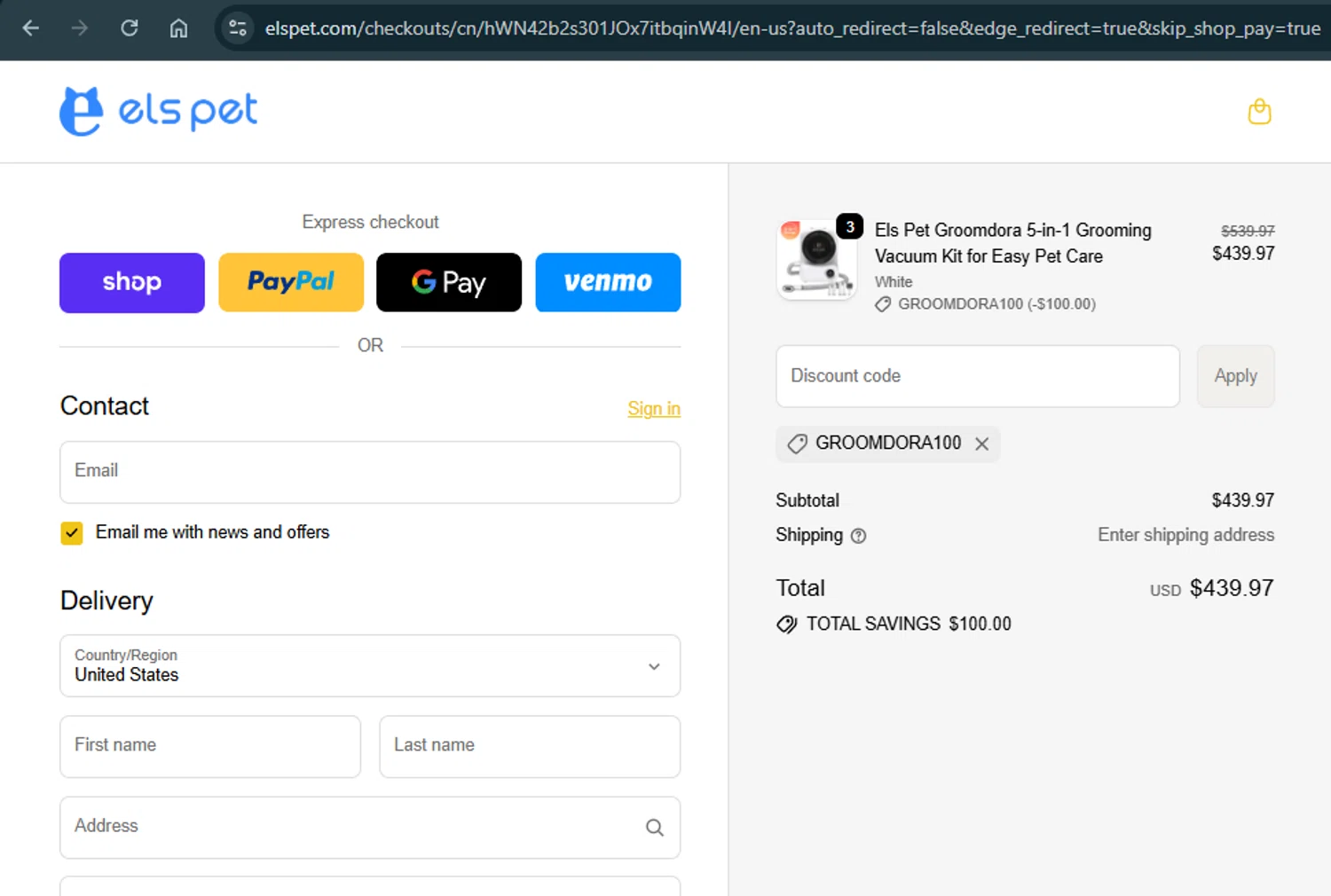 Els Pet discount code screenshot showing code Groomdora100 applied at Els Pet checkout page. Uploaded by SimplyCodes community member xAngel on Oct 12, 2025