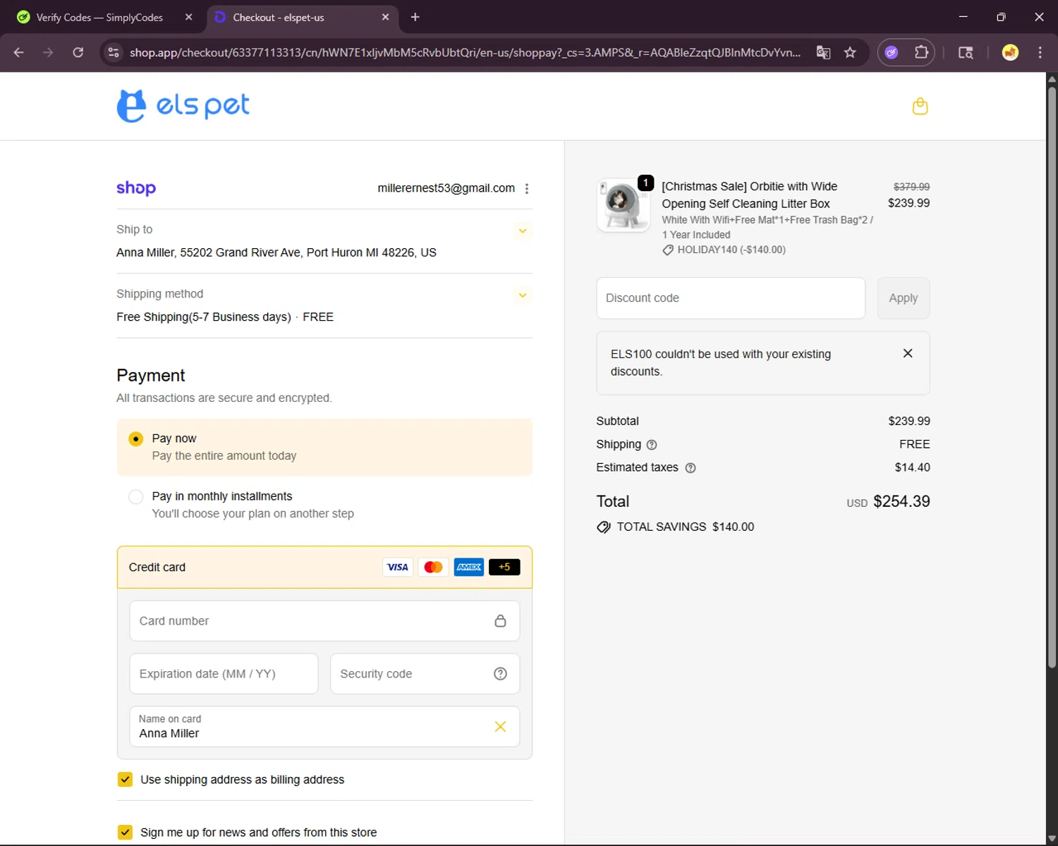Els Pet checkout page showing Els Pet discount code box | Screenshot taken by SimplyCodes community member on Jan 4, 2026