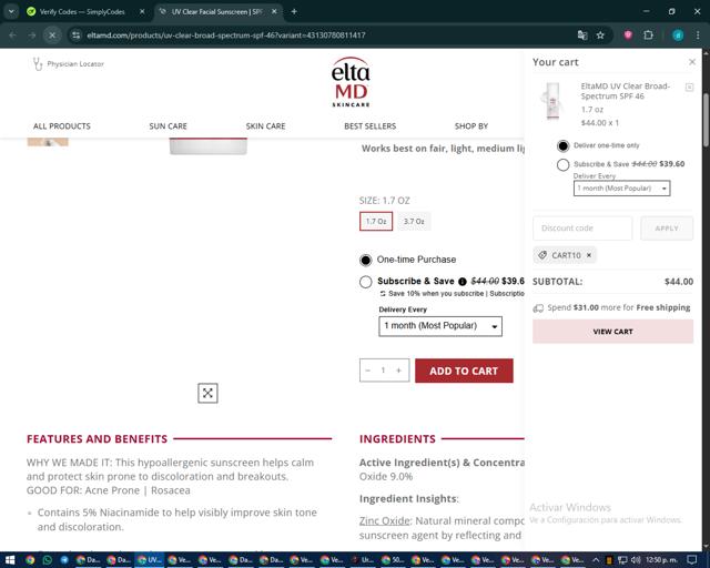 EltaMD checkout page showing EltaMD discount code box | Screenshot taken by SimplyCodes community member on Sep 10, 2025