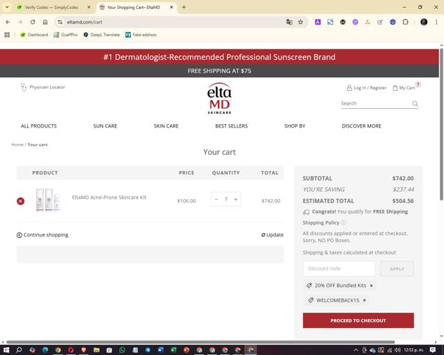 EltaMD checkout page showing EltaMD discount code box | Screenshot taken by SimplyCodes community member on Sep 10, 2025