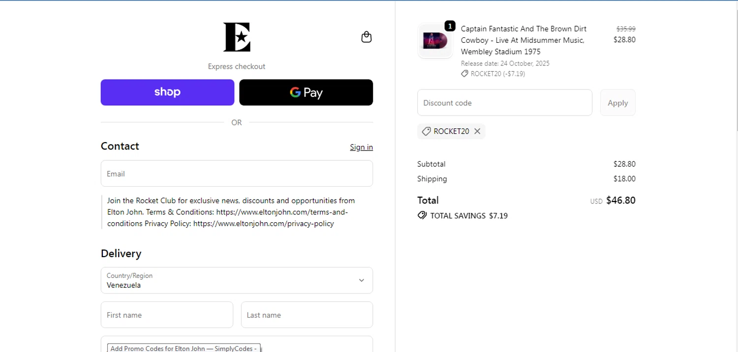 Elton John promo code screenshot showing code ROCKET20 applied at Elton John checkout page. Uploaded by SimplyCodes community member HUNTER1406 on Jun 22, 2026