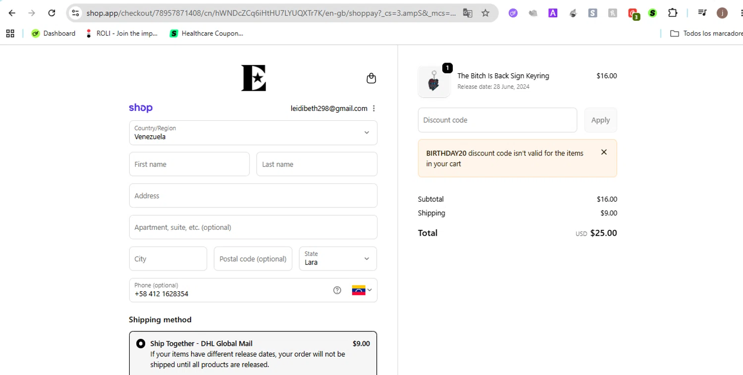 Elton John promo code screenshot showing code BIRTHDAY20 applied at Elton John checkout page. Uploaded by SimplyCodes community member Jose29 on Jun 22, 2026