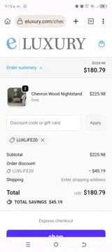 LUXLIFE20 coupon verification screenshot