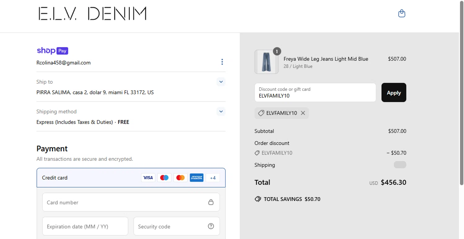 E.L.V. Denim promo code screenshot showing code ELVFAMILY10 applied at E.L.V. Denim checkout page. Uploaded by SimplyCodes community member Fish3r on Jun 25, 2025