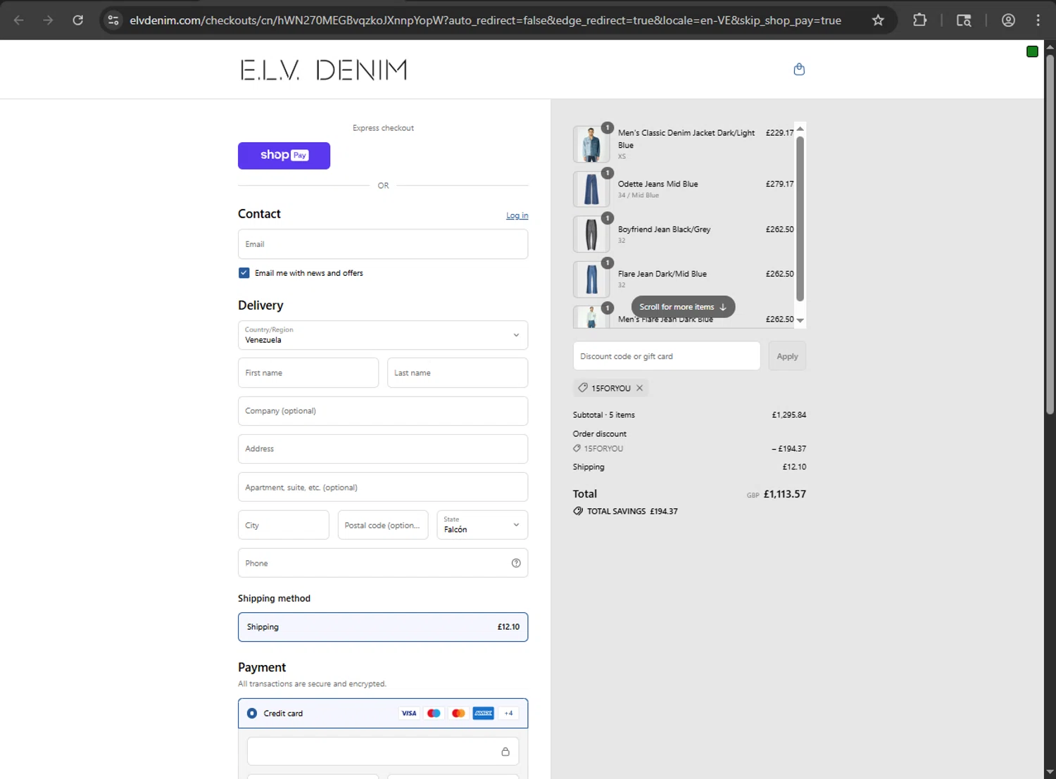 E.L.V. Denim promo code screenshot showing code 15FORYOU applied at E.L.V. Denim checkout page. Uploaded by SimplyCodes community member MAHORAGA on Aug 23, 2025