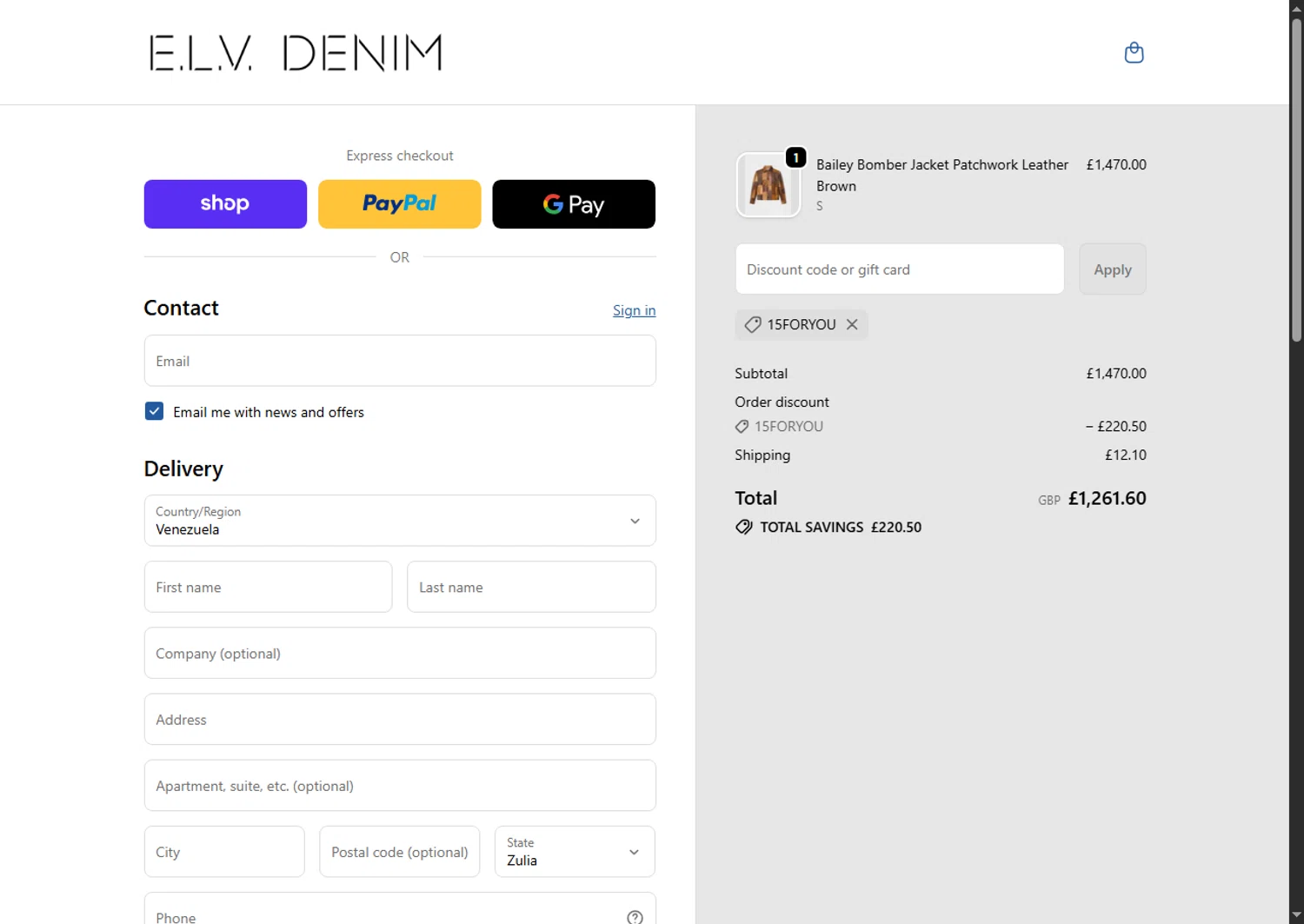E.L.V. Denim promo code screenshot showing code 15FORYOU applied at E.L.V. Denim checkout page. Uploaded by SimplyCodes community member Sadalsuud on Oct 14, 2025
