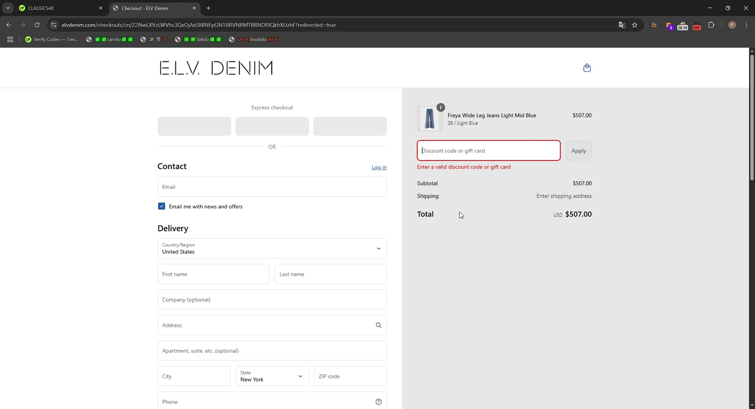 E.L.V. Denim promo code screenshot showing code CLASSICS40 applied at E.L.V. Denim checkout page. Uploaded by SimplyCodes community member CrownPro3073 on Jun 21, 2025