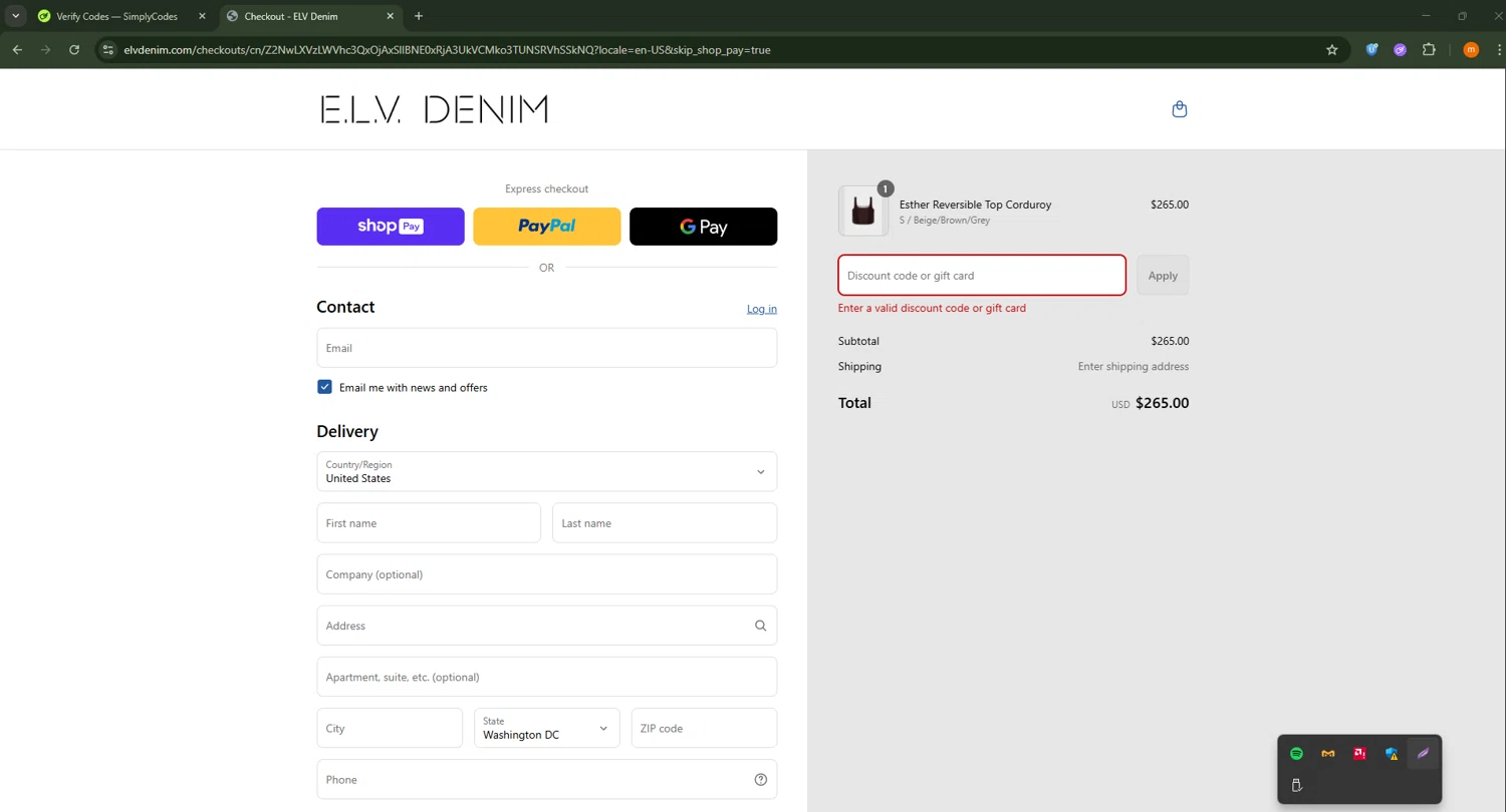 E.L.V. Denim promo code screenshot showing code CLASSICS40 applied at E.L.V. Denim checkout page. Uploaded by SimplyCodes community member Davoxeneixe on Jun 21, 2025