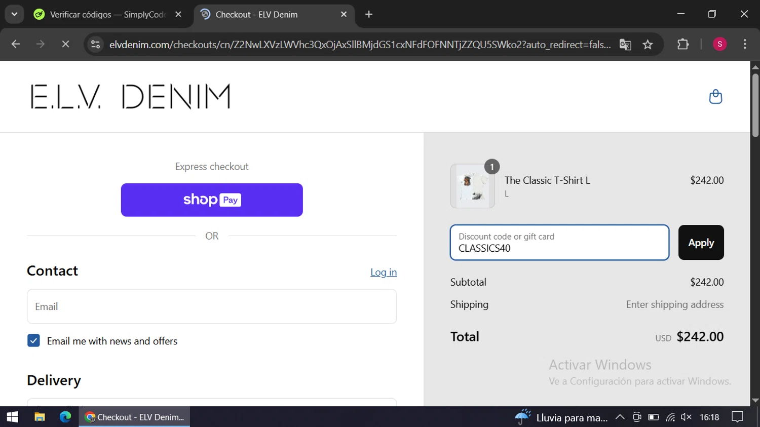 E.L.V. Denim promo code screenshot showing code CLASSICS40 applied at E.L.V. Denim checkout page. Uploaded by SimplyCodes community member swiftie on Jun 21, 2025