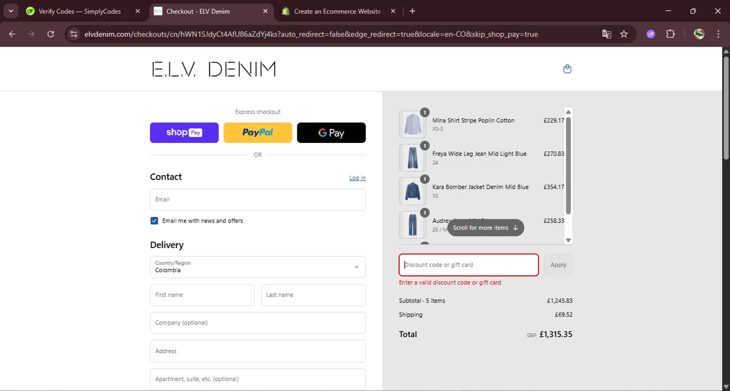 E.L.V. Denim promo code screenshot showing code HUESOFBLUE applied at E.L.V. Denim checkout page. Uploaded by SimplyCodes community member RewardDefender7173 on Aug 5, 2025