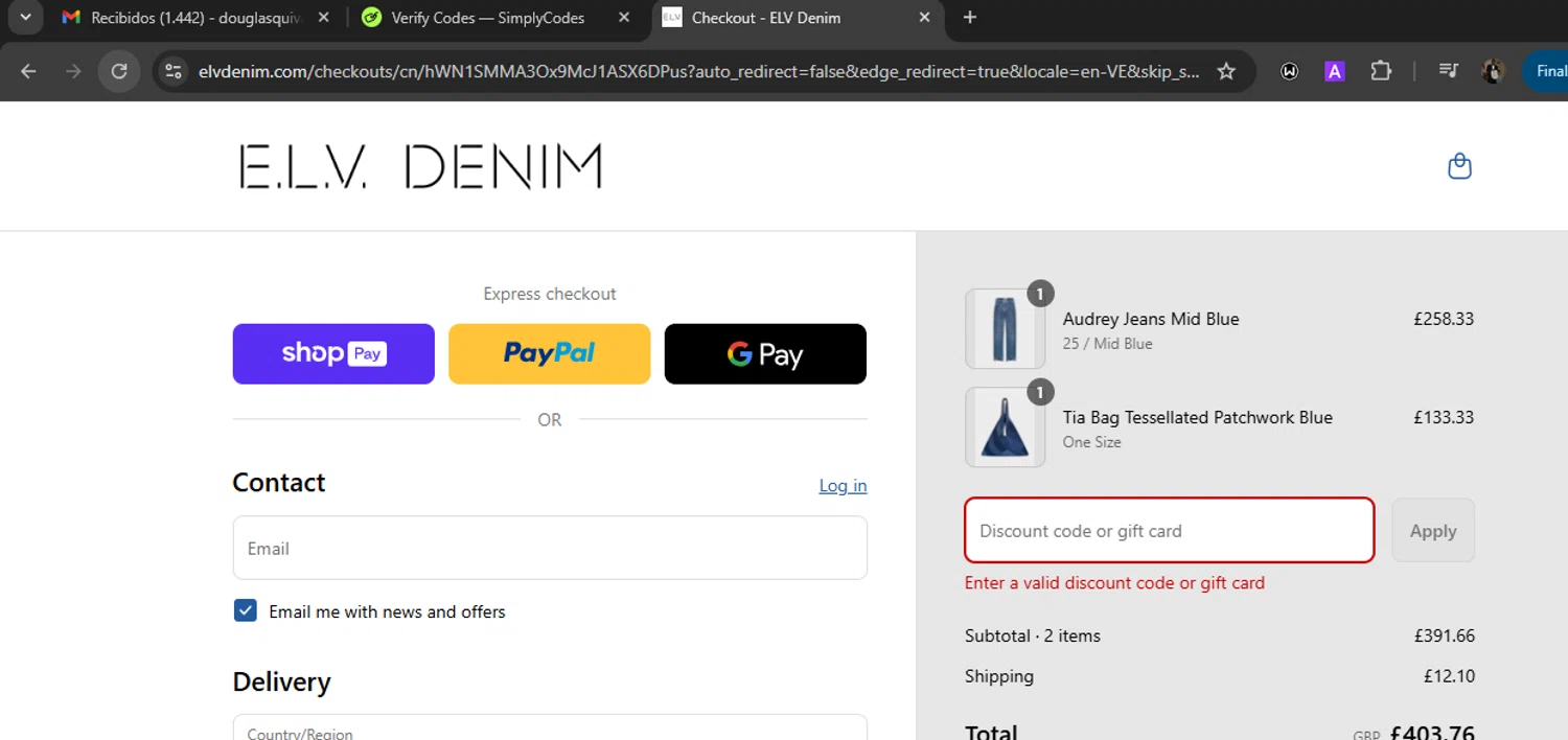 E.L.V. Denim promo code screenshot showing code HUESOFBLUE applied at E.L.V. Denim checkout page. Uploaded by SimplyCodes community member WiseLegend5590 on Aug 5, 2025