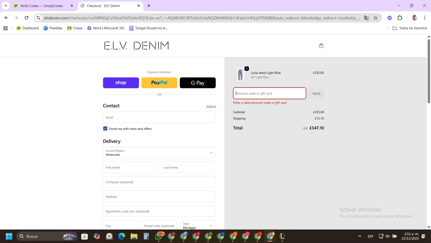 E.L.V. Denim promo code screenshot showing code APRICITY15 applied at E.L.V. Denim checkout page. Uploaded by SimplyCodes community member FernandoLetex on Dec 23, 2025