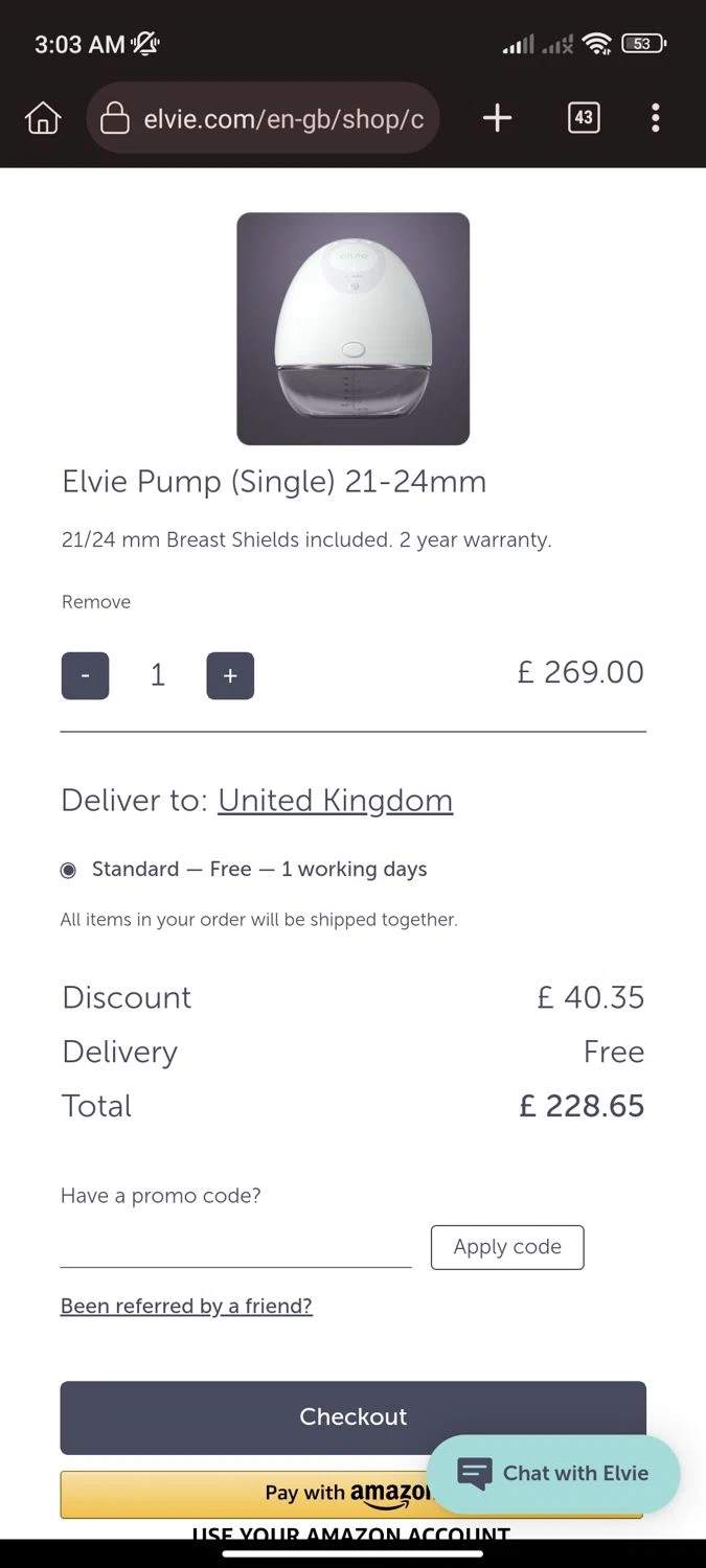 Elvie checkout page showing Elvie promo code box | Screenshot taken by SimplyCodes community member on Jan 4, 2024
