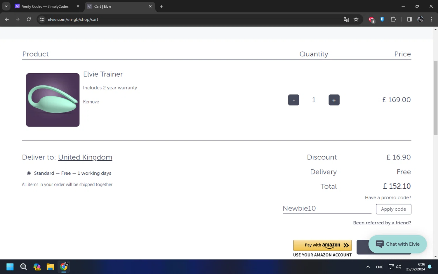 Elvie checkout page showing Elvie promo code box | Screenshot taken by SimplyCodes community member on Feb 25, 2024