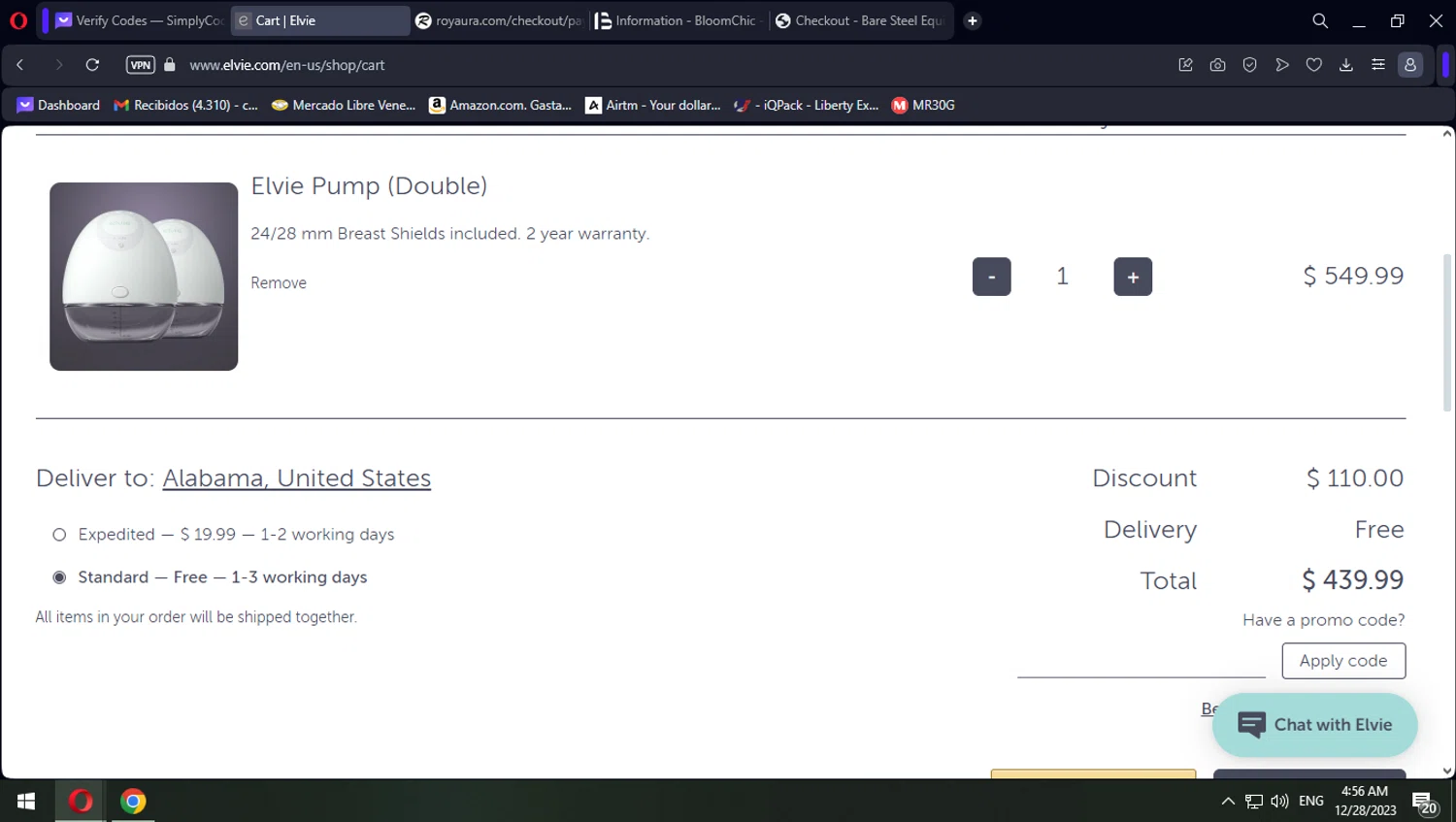 Elvie checkout page showing Elvie promo code box | Screenshot taken by SimplyCodes community member on Dec 28, 2023
