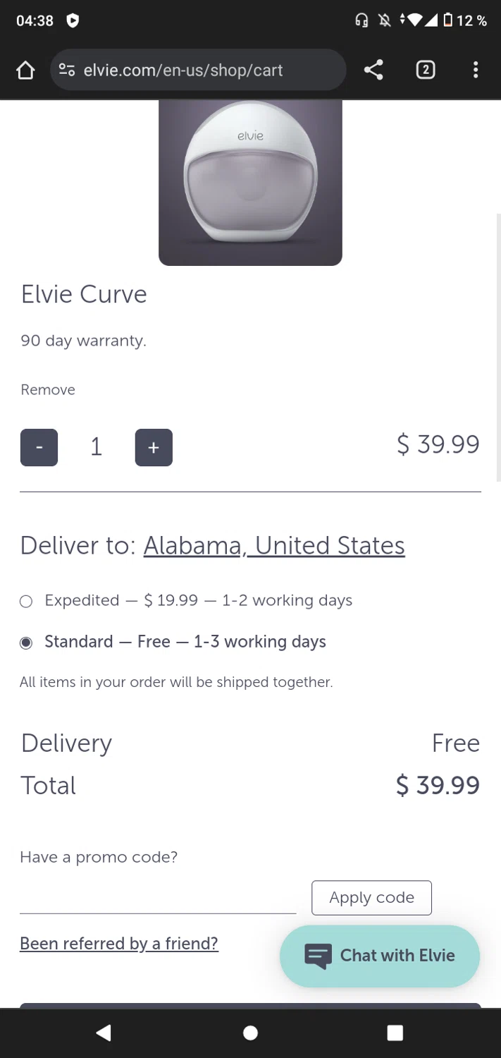 Elvie checkout page showing Elvie promo code box | Screenshot taken by SimplyCodes community member on Feb 24, 2024