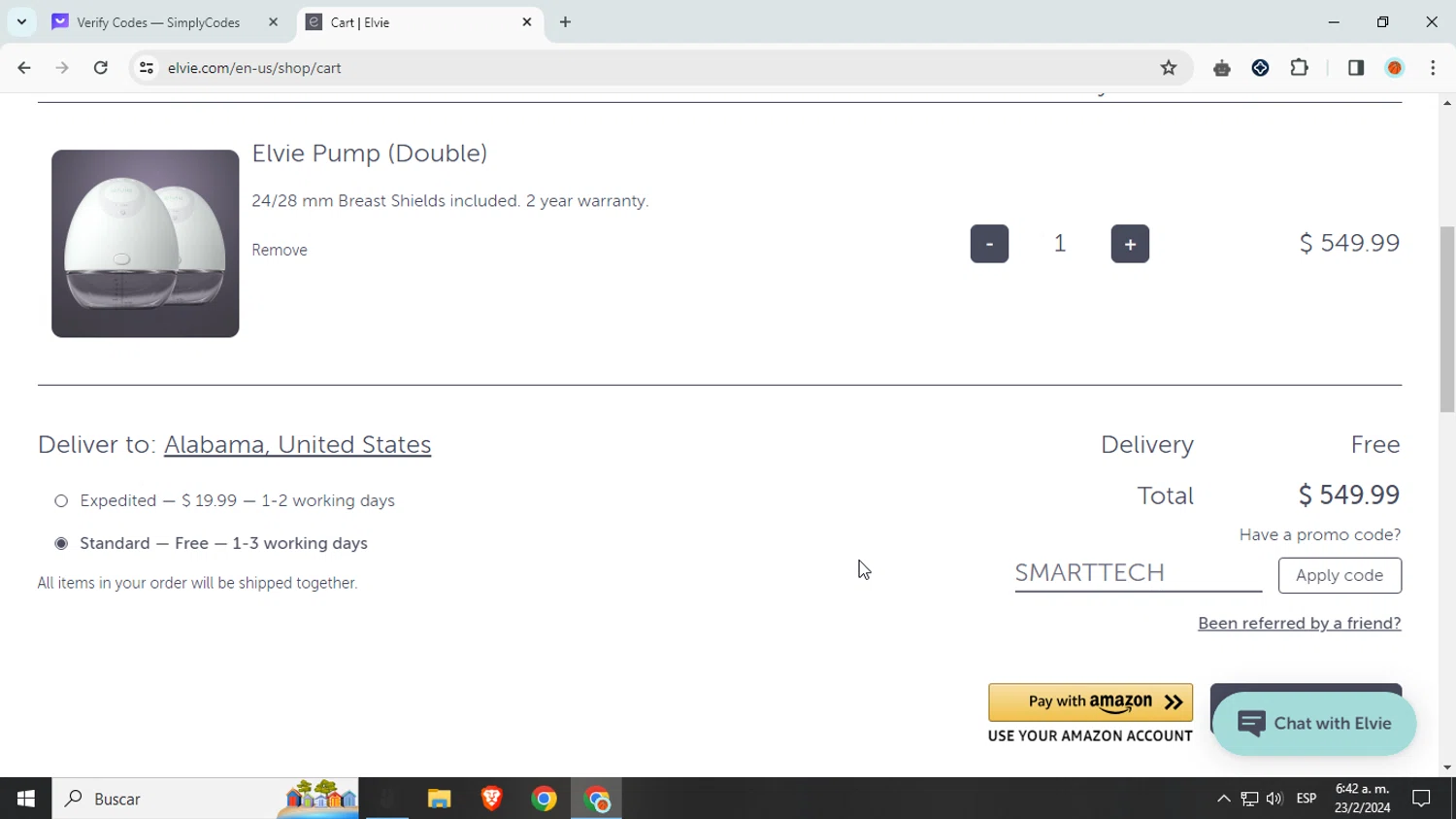 Elvie checkout page showing Elvie promo code box | Screenshot taken by SimplyCodes community member on Feb 23, 2024
