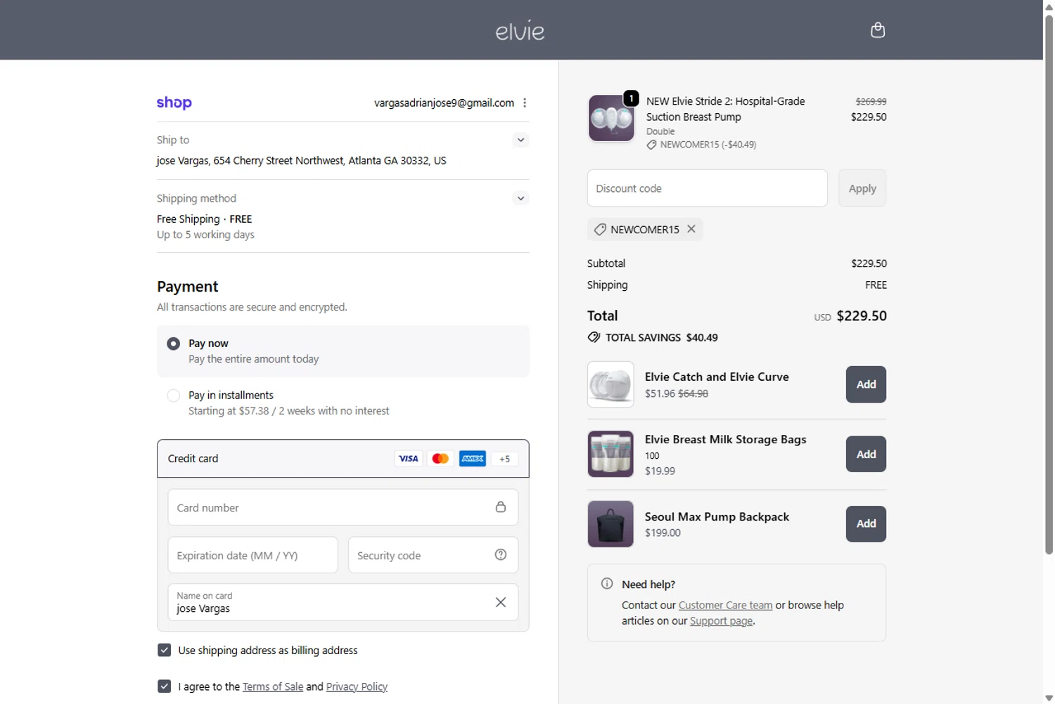 Elvie promo code screenshot showing code NEWCOMER15 applied at Elvie checkout page. Uploaded by SimplyCodes community member Rossimar on Jan 14, 2026