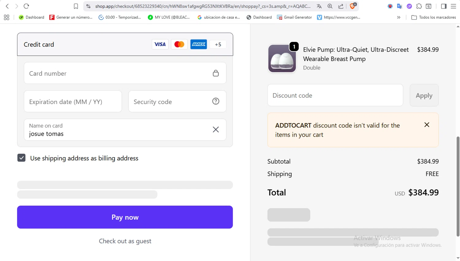 Elvie promo code screenshot showing code ADDTOCART applied at Elvie checkout page. Uploaded by SimplyCodes community member VoucherFalcon3942 on Feb 17, 2026