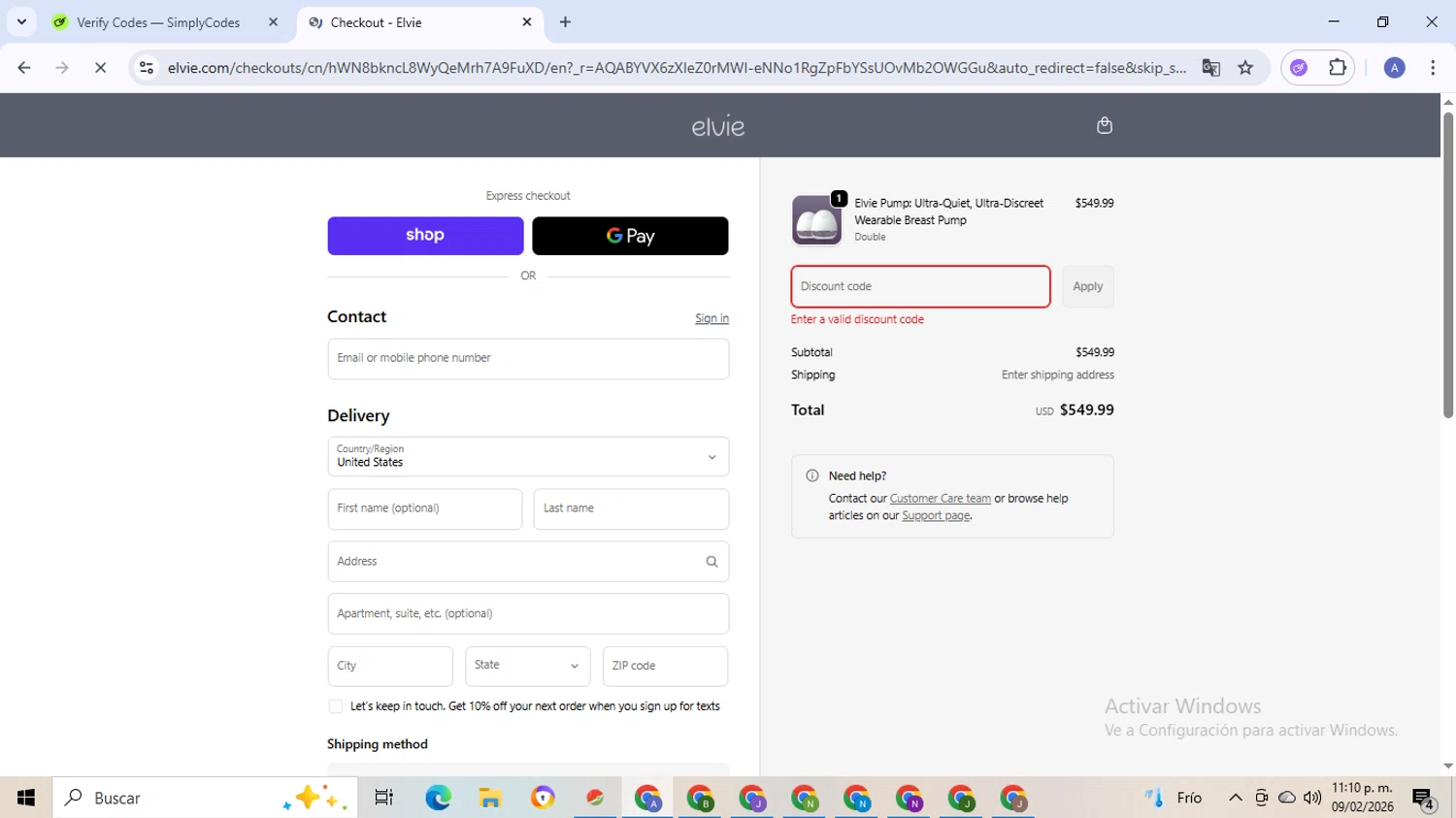 Elvie promo code screenshot showing code PICKMEUP applied at Elvie checkout page. Uploaded by SimplyCodes community member TreasureCaptain5531 on Feb 10, 2026