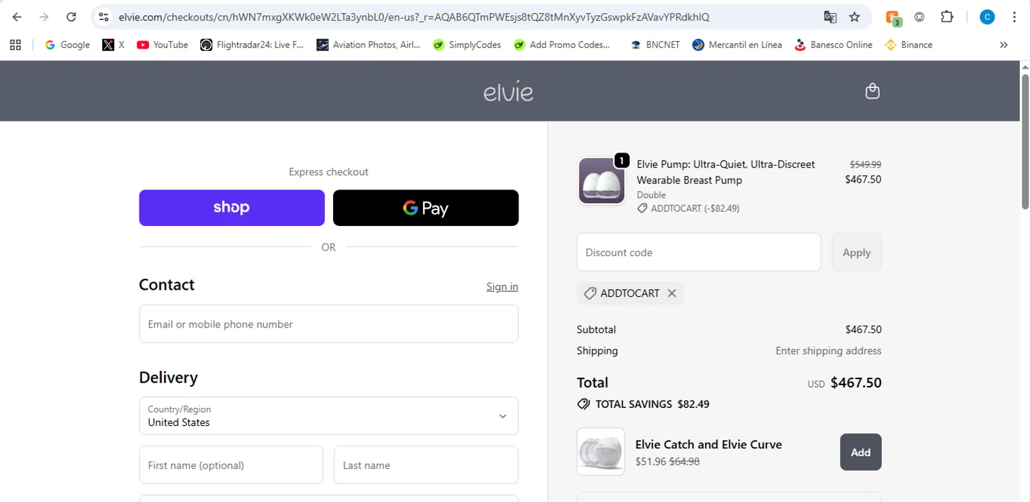 Elvie promo code screenshot showing code ADDTOCART applied at Elvie checkout page. Uploaded by SimplyCodes community member victor on Jan 19, 2026