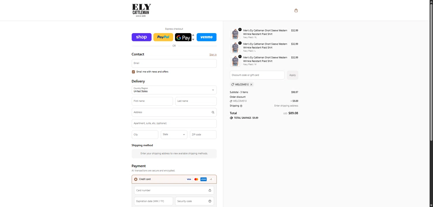 Ely Cattleman checkout page showing Ely Cattleman discount code box | Screenshot taken by SimplyCodes community member on Feb 11, 2026
